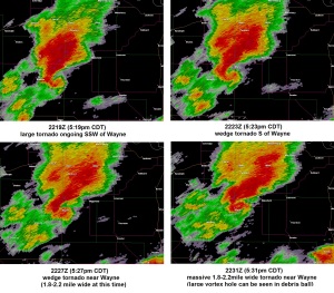 2219-2231Z Base Reflectivity Images from Omaha showing Wayne, NE supercell when tornado was ongoing--not the large debris ball & vortex hole in the final image indicating a very large tornado